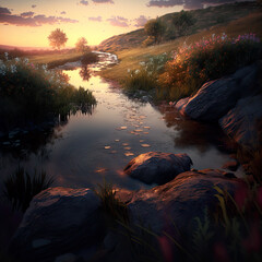 Poster - Summer landscape with a river created with Generative AI technology.