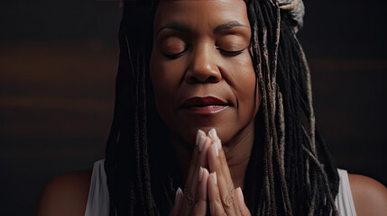 portrait of elderly black woman with braids and closed eyes in deep prayer