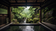 Open Air Hot Spring Onsen With Waterfall And Green Nature With Generative AI Technology