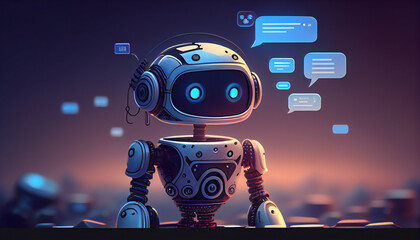 Artificial intelligence ai chat bot idea hands holding a phone against a blurred abstract background chatbot providing website support. Generative AI illustration. 