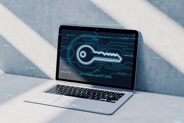 Poster - Close up of laptop on desktop with glowing key hologram on blurry background. Virtual house and future concept. 3D Rendering.