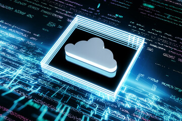 Poster - Abstract blue chip with cloud hologram on blurry blue tech background. Database, metaverse and future concept. 3D Rendering.