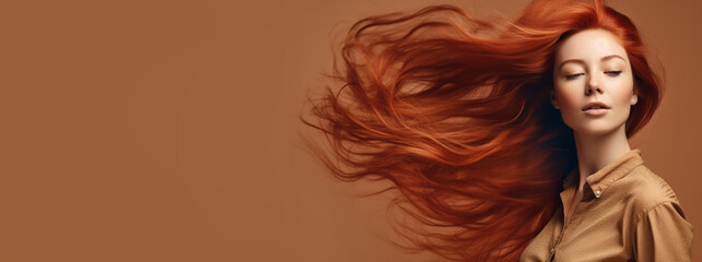 beauty red hair woman for hair care product. generative ai