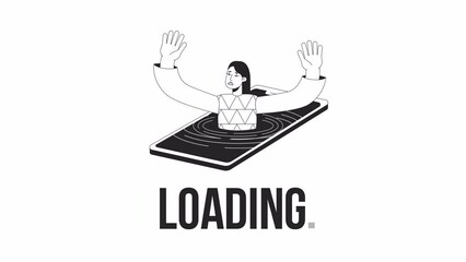 Fototapete - Digital addicted bw loader animation. Girl drowning in phone. Flash message 4K video footage. Isolated monochrome loading progress indicator with alpha channel transparency for UI, UX web design