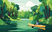 Person Kayaking In A Peaceful River, Surrounded By Lush Greenery And The Sounds Of Nature. Flat Vector Summer Watersport Illustration Concept. Gadget-free Vacation. Generative AI