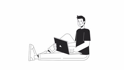 Poster - Scared guy with laptop bw animation. Panicking man sitting with notebook isolated 2D flat monochromatic thin line character 4K video footage on white with alpha channel transparency for web design