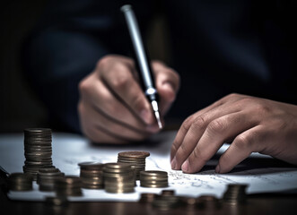 Poster - Businessman hand writing on paper with money coins stack on table. High quality photo