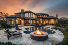 Stunning Luxury Home Exterior With Large Covered Patio, Outdoor Fire Pit, And Large Swimming Pool, Generative AI