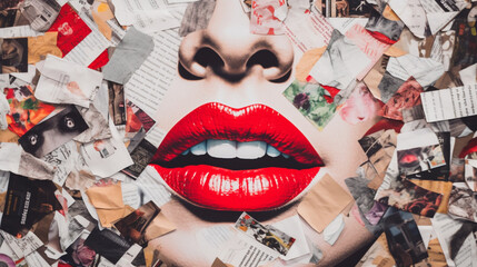 Wall Mural - collage made of magazines and colorful paper mood. red lips