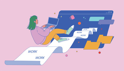 The character is drawn into a browser window. A woman works on a laptop in the air. Online tab with dialog bubbles, working folders and a long piece of paper.