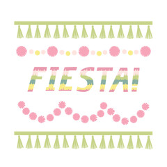 Sticker - Colorful party lettering with decoration. Tassels and  pompoms wreath border. Fiesta pinata word composition.  Vector illustration