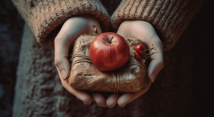 Poster - Child holding a gift and an apple