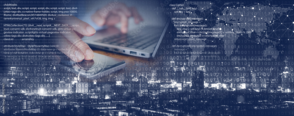 Technology Background: Programmer Using Computer Notebook for Coding and Programming with a Focus on digital transformation, Internet Network Connection, Big Data, and the Internet of Things