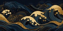 Luxury Blue And Gold Japanese Wave Illustration - Hand Drawn AI Generated