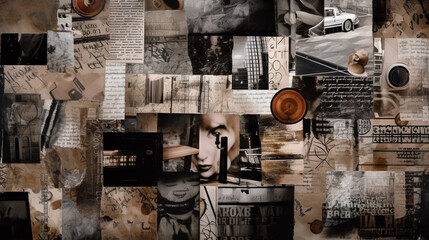Wall Mural - life style Atmosphere color grey, brown, black and black mood board collage sheet made of teared magazine paper with figures, letters, colors and textures, results in art
