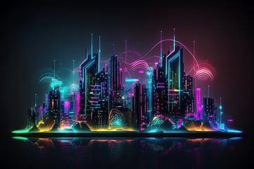 Poster - Smart city concept. Telecomunication, internet, mobile, cloud computing background - Generative AI