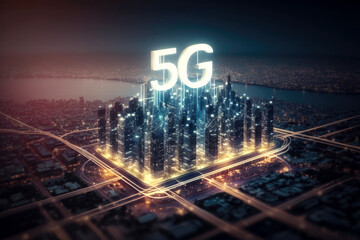 Poster - Smart city concept. Telecomunication, internet, mobile, cloud computing background - Generative AI
