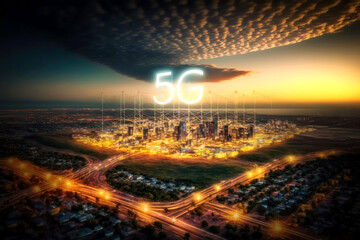 Poster - Smart city concept. Telecomunication, internet, mobile, cloud computing background - Generative AI