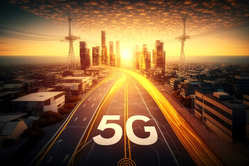 Poster - Smart city concept. Telecomunication, internet, mobile, cloud computing background - Generative AI