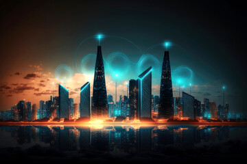 Poster - Smart city concept. Telecomunication, internet, mobile, cloud computing background - Generative AI