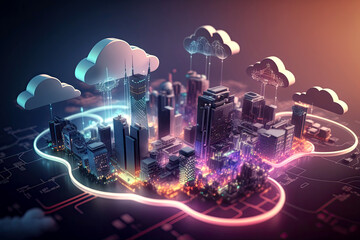 Poster - Smart city concept. Telecomunication, internet, mobile, cloud computing background - Generative AI
