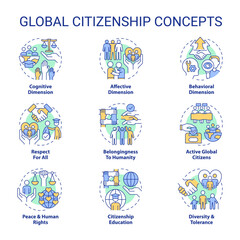 Sticker - Global citizenship concept icons set. Inclusive society. Sustainable development idea thin line color illustrations. Isolated symbols. Editable stroke. Roboto-Medium, Myriad Pro-Bold fonts used