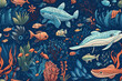 © alexkoral - seamless pattern ornament with tropical fish and algae underwater in ocean. Generative AI illustration