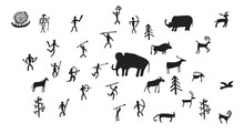 Cave Painting Prehistoric Rock Art Hand Drawn Sketch Style Vector Illustration Set. Rock Age Cave Paintings Set With Prehistoric Wild Animals, Tribal People And Village Buildings.