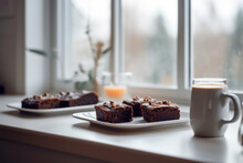 Plate Of A Fresh Homemade Chocolate Brownies And A Cup Of Coffee With Milk On A Counter Top By The Window In A Bright Setting. Illustration, Generative AI