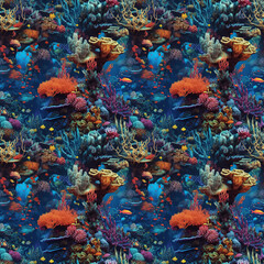 Wall Mural - seamless pattern with sea fish and corals underwater in sea. Generative AI illustration