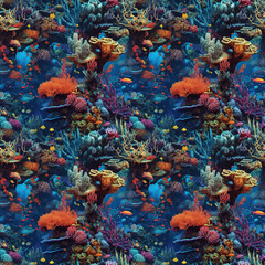 Canvas Print - seamless pattern with sea fish and corals underwater in sea. Generative AI illustration