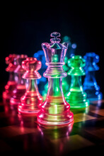 Transparent Colorful Chess Pieces On The Board Close-up, Dark Neon Lights Background. Defocused Bokeh, Blurry Backdrop. Crystal Queen Figurine, Glass King Figurine. Image Is AI Generated.