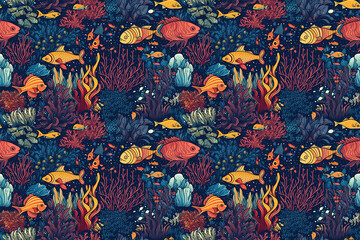 Wall Mural - seamless pattern ornament with fish and algae under water in sea. Generative AI illustration