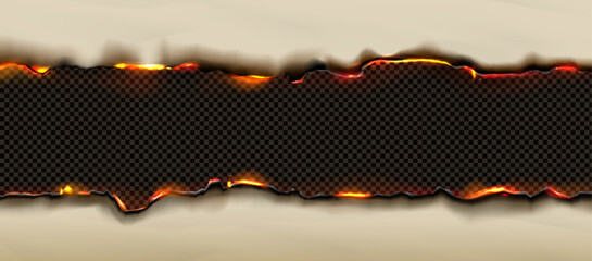 Poster - Burnt paper edges effect with fire and black ash. Borders with texture of burning scorched old paper pages with flame isolated on transparent background, vector realistic illustration