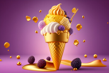 Tasty golden ice cream with shimmer, super photo realistic background. Generative ai 3d illustration