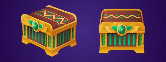 Wall Mural - Closed Egyptian treasure chest set isolated on background. Vector cartoon illustration of ancient golden safe box decorated with wings sign, green gem stone, front angle view. Adventure game ui props