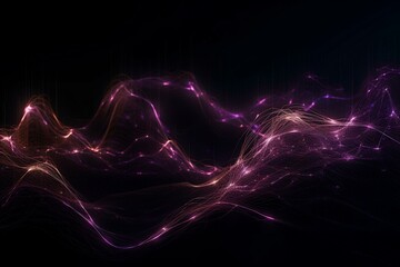Futuristic musical wave of purple lines. Digital data flow. The concept of big data. Network connection. Cybernetics and technology. Abstract dark background. 3d rendering. Generative AI