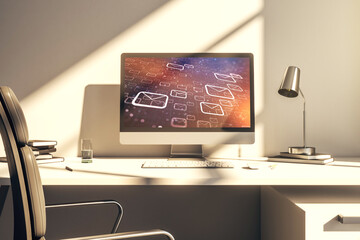 Poster - Modern computer monitor with postal envelopes hologram. Electronic mail and spam concept. 3D Rendering