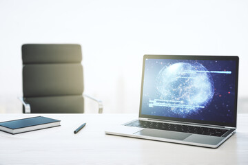 Aufkleber - Modern computer display with abstract software development hologram and world map, global research and analytics concept. 3D Rendering