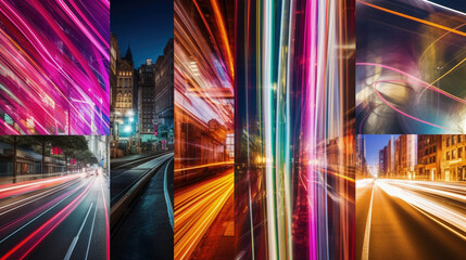 Long exposure of a road with light trails of passing vehicles. AI Generative