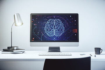 Aufkleber - Creative artificial Intelligence concept with human brain hologram on modern laptop screen. 3D Rendering