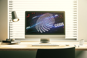 Aufkleber - Abstract creative fingerprint illustration on modern laptop monitor, digital access concept. 3D Rendering