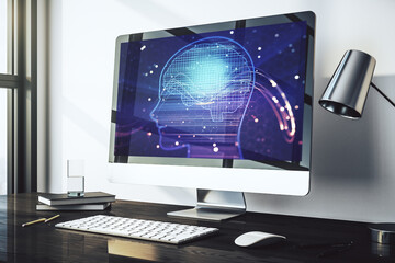 Aufkleber - Modern computer monitor with creative artificial Intelligence symbol. Neural networks and machine learning concept. 3D Rendering