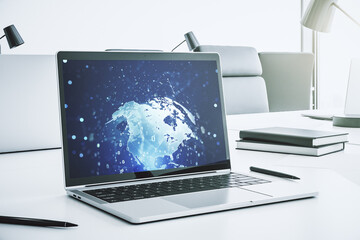 Poster - Modern computer monitor with abstract programming language with world map, research and development concept. 3D Rendering