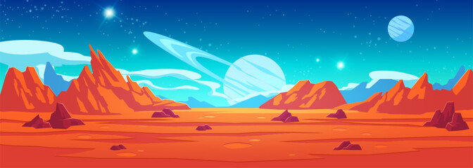 Poster - Orange alien space planet game cartoon background. Fantasy world landscape with mountain and rock land desert surface. Red stone ground with crater, moon and saturn, star sparkle in sky galaxy