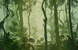 Fototapeta Las - Seamless horizontal background, vector. Jungle, tropical forest with a variety of plants, trees and vines. Green tones