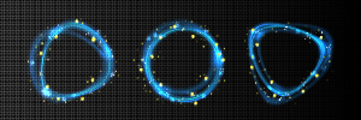 Poster - Magic light effect, blue neon glow lines with gold stars and sparkles. Abstract frames with light motion trails effect, vector realistic illustration isolated on transparent background
