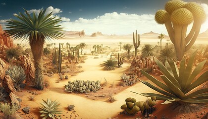 Wall Mural - Life in the tropical desert landscape of 10,000 BC was tough, and only the species that were well-suited to the environment could survive. Game context.