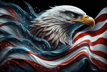 American Bald Eagle On America Flag. Symbolizing Power And Freedom. 4th Of July Or Independence Day Background. Generative AI.