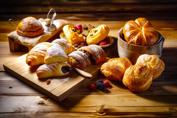 Canvas Print - Croissants, pastries, and berries on cutting board. Generative AI.